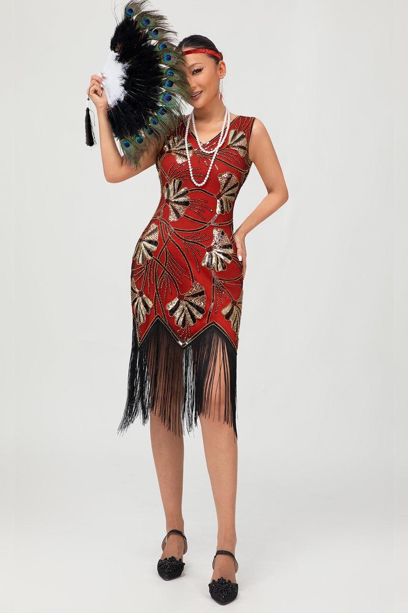 Load image into Gallery viewer, Sparkly Black Golden Sequins Fringed Flapper Dress with Beading