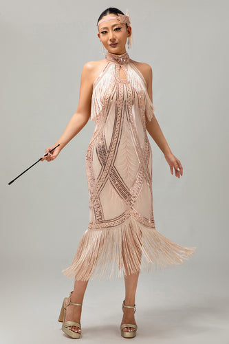 Sparkly Champagne Halter Sheath Sequins Flapper Dress with Fringes
