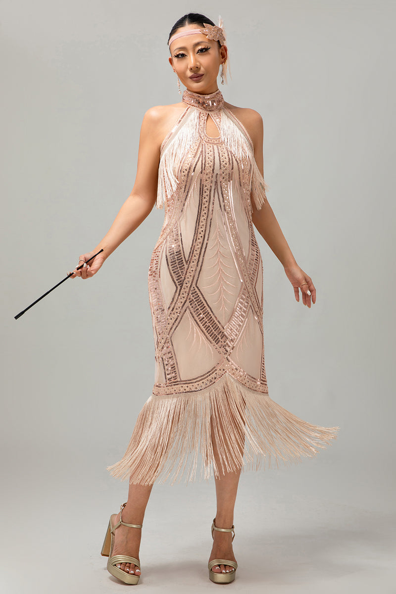 Load image into Gallery viewer, Sparkly Champagne Halter Sheath Sequins Flapper Dress with Fringes