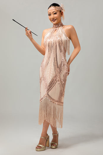 Sparkly Champagne Halter Sheath Sequins Flapper Dress with Fringes