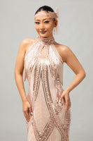 Load image into Gallery viewer, Sparkly Black Golden Sequins Halter Flapper Dress with Fringes