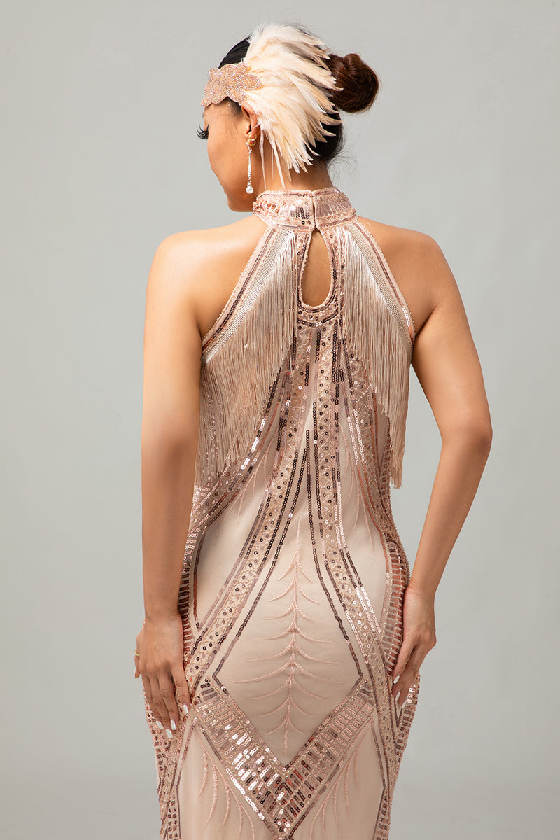 Load image into Gallery viewer, Sparkly Champagne Halter Sheath Sequins Flapper Dress with Fringes