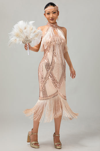 Sparkly Champagne Halter Sheath Sequins Flapper Dress with Fringes