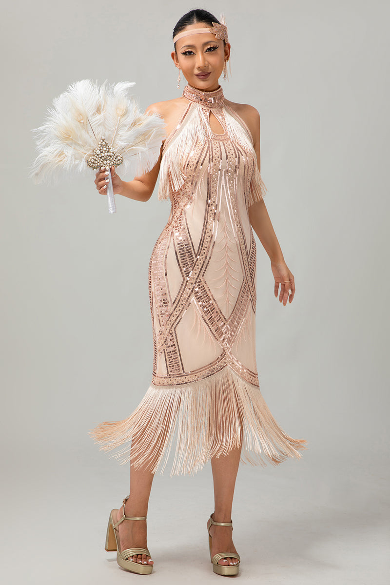 Load image into Gallery viewer, Sparkly Champagne Halter Sheath Sequins Flapper Dress with Fringes