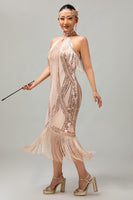 Load image into Gallery viewer, Sparkly Black Golden Sequins Halter Flapper Dress with Fringes