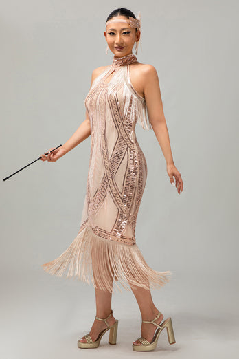 Sparkly Champagne Halter Sheath Sequins Flapper Dress with Fringes