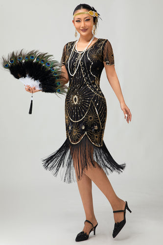 Sparkly Black Golden Sequins Scoop Neck Flapper Dress with Fringes