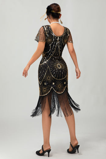 Sparkly Black Silver Sequins Short Sleeves Flapper Dress with Fringes