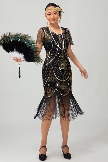 Sparkly Black Silver Sequins Short Sleeves Flapper Dress with Fringes