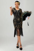 Load image into Gallery viewer, Sparkly Black Silver Sequins Short Sleeves Flapper Dress with Fringes