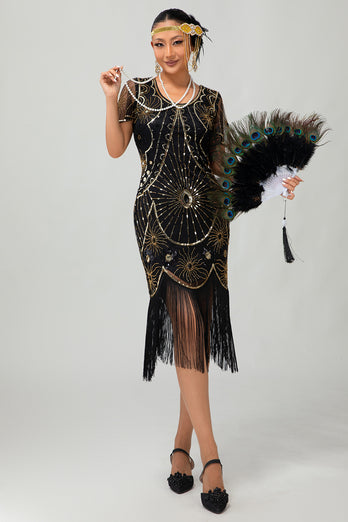 Sparkly Black Silver Sequins Short Sleeves Flapper Dress with Fringes