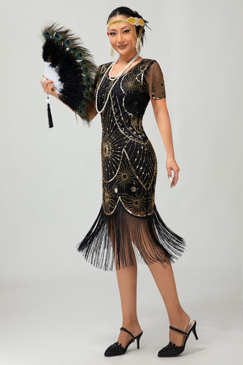 Sparkly Black Silver Sequins Short Sleeves Flapper Dress with Fringes