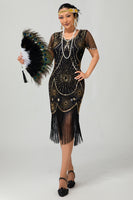 Load image into Gallery viewer, Sparkly Black Silver Sequins Short Sleeves Flapper Dress with Fringes