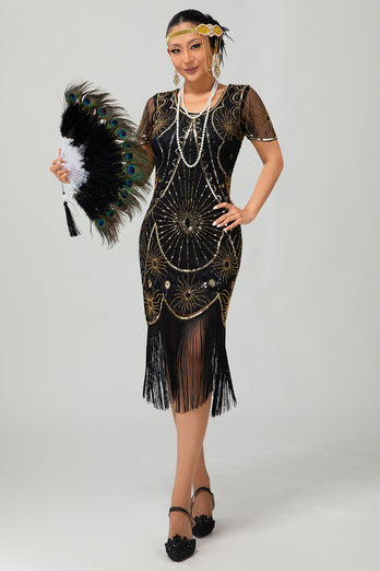 Sparkly Black Silver Sequins Short Sleeves Flapper Dress with Fringes