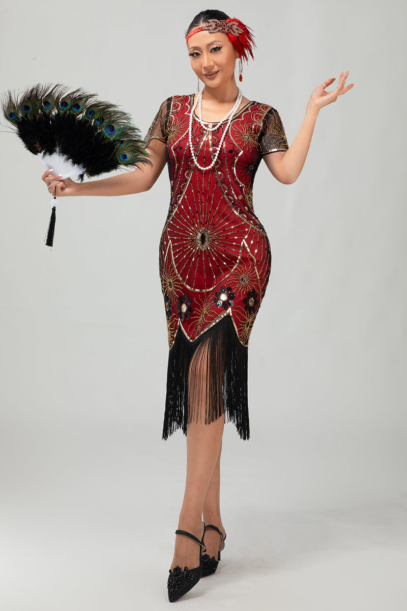 Load image into Gallery viewer, Sparkly Black Silver Sequins Short Sleeves Flapper Dress with Fringes