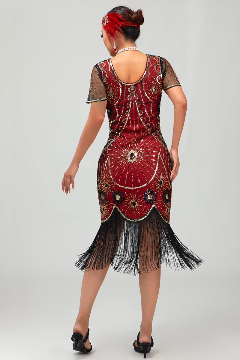 Load image into Gallery viewer, Sparkly Black Silver Sequins Short Sleeves Flapper Dress with Fringes