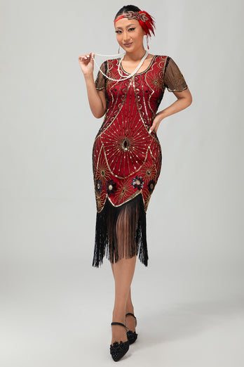 Sparkly Black Silver Sequins Short Sleeves Flapper Dress with Fringes