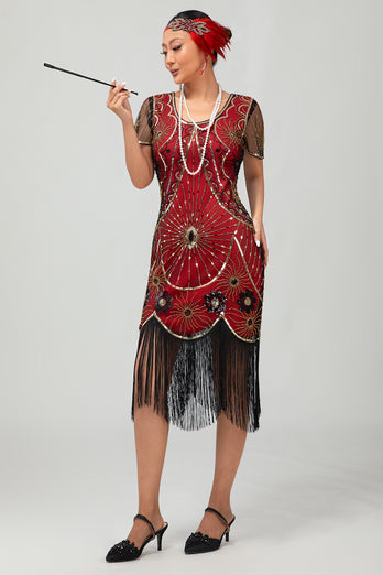 Sparkly Black Silver Sequins Short Sleeves Flapper Dress with Fringes