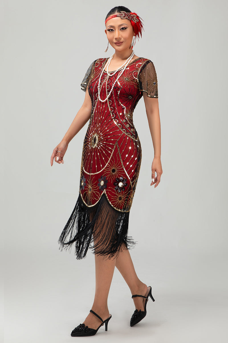Load image into Gallery viewer, Sparkly Black Silver Sequins Short Sleeves Flapper Dress with Fringes
