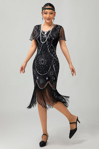 Sparkly Black Silver Sequins Short Sleeves Flapper Dress with Fringes