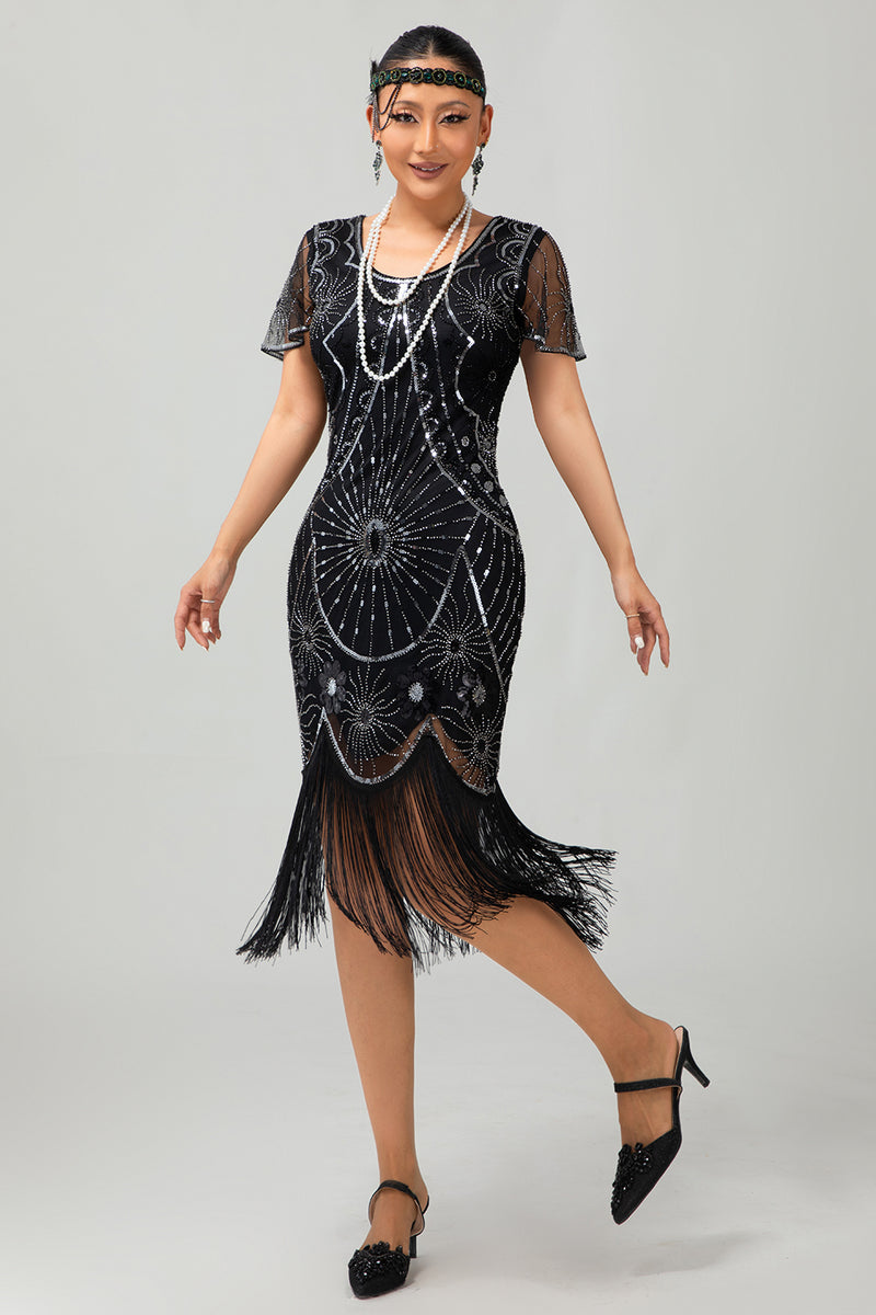 Load image into Gallery viewer, Sparkly Black Golden Sequins Fringed Flapper Dress with Sleeves