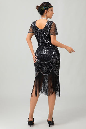 Sparkly Black Golden Sequins Fringed Flapper Dress with Sleeves