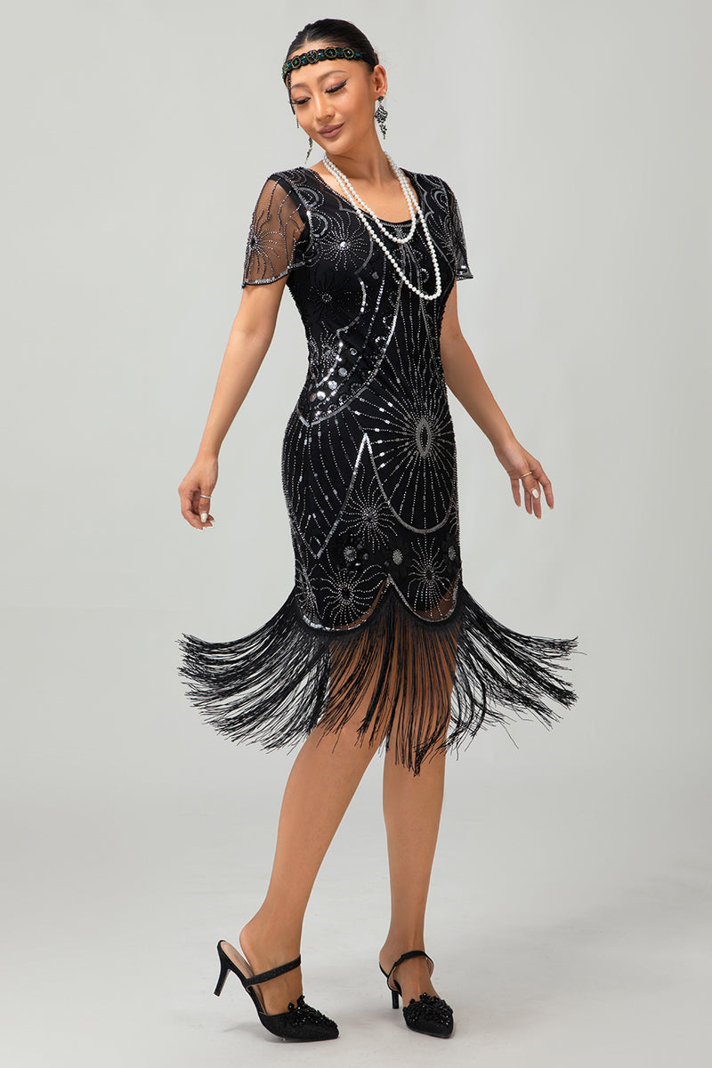 Load image into Gallery viewer, Sparkly Black Golden Sequins Fringed Flapper Dress with Sleeves