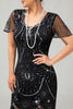 Load image into Gallery viewer, Sparkly Black Golden Sequins Fringed Flapper Dress with Sleeves