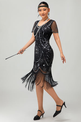 Sparkly Black Golden Sequins Fringed Flapper Dress with Sleeves