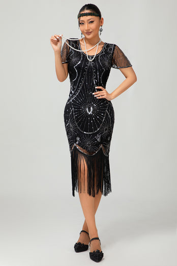 Sparkly Black Golden Sequins Fringed Flapper Dress with Sleeves