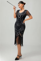 Load image into Gallery viewer, Sparkly Black Silver Sequins Short Sleeves Flapper Dress with Fringes