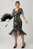 Load image into Gallery viewer, Sparkly Black Burgundy Fringed Short Sleeves 1920s Dress with Sequins
