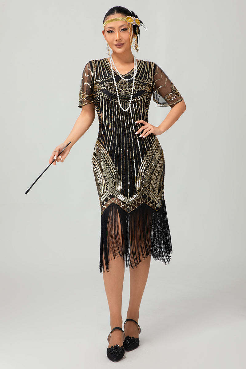 Load image into Gallery viewer, Sparkly Black Golden Sequins V-Neck Flapper Dress with Beading