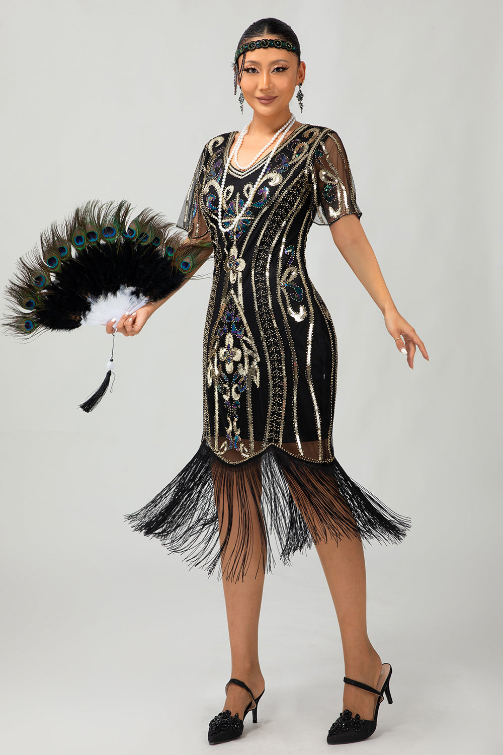 Sparkly Black Golden Bodycon Sequins Short 1920s Dress with Sleeves