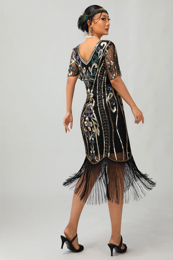 Sparkly Black Burgundy Fringed Short Sleeves 1920s Dress with Sequins