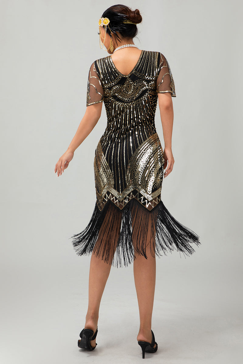 Load image into Gallery viewer, Sparkly Black Golden Sequins V-Neck Flapper Dress with Beading