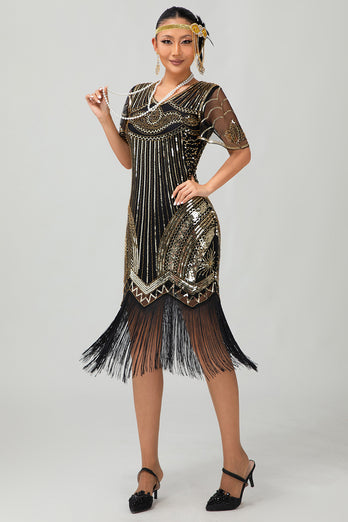 Sparkly Black Golden Sequins V-Neck Flapper Dress with Beading