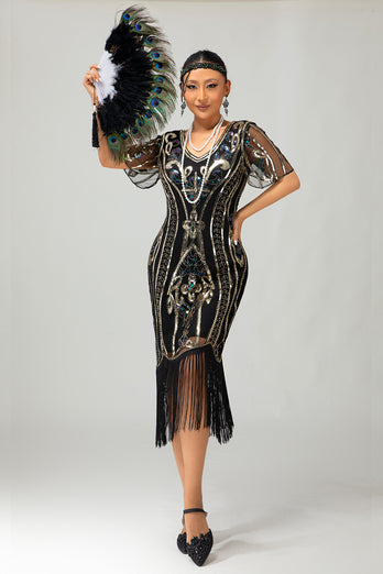 Sparkly Black Burgundy Fringed Short Sleeves 1920s Dress with Sequins