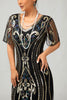 Load image into Gallery viewer, Sparkly Black Burgundy Fringed Short Sleeves 1920s Dress with Sequins