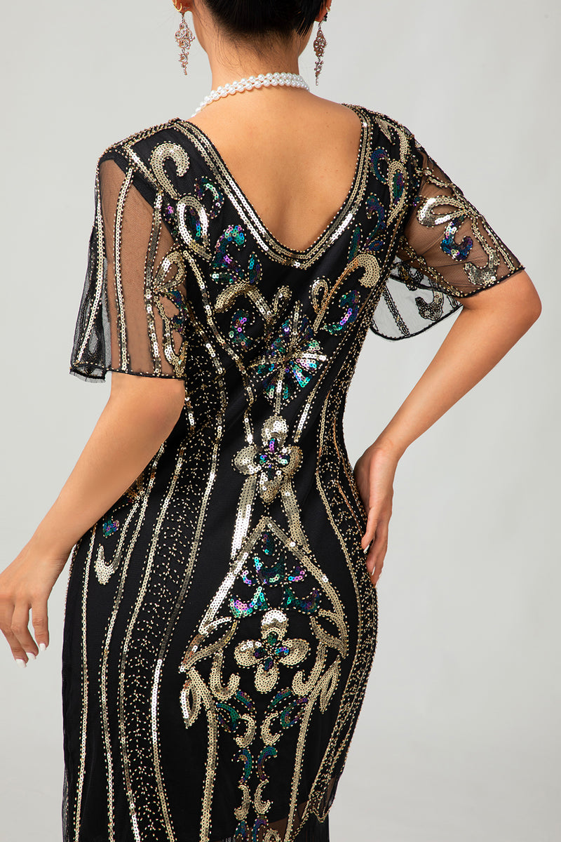 Load image into Gallery viewer, Sparkly Black Burgundy Fringed Short Sleeves 1920s Dress with Sequins