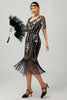 Load image into Gallery viewer, Sparkly Black Burgundy Fringed Short Sleeves 1920s Dress with Sequins