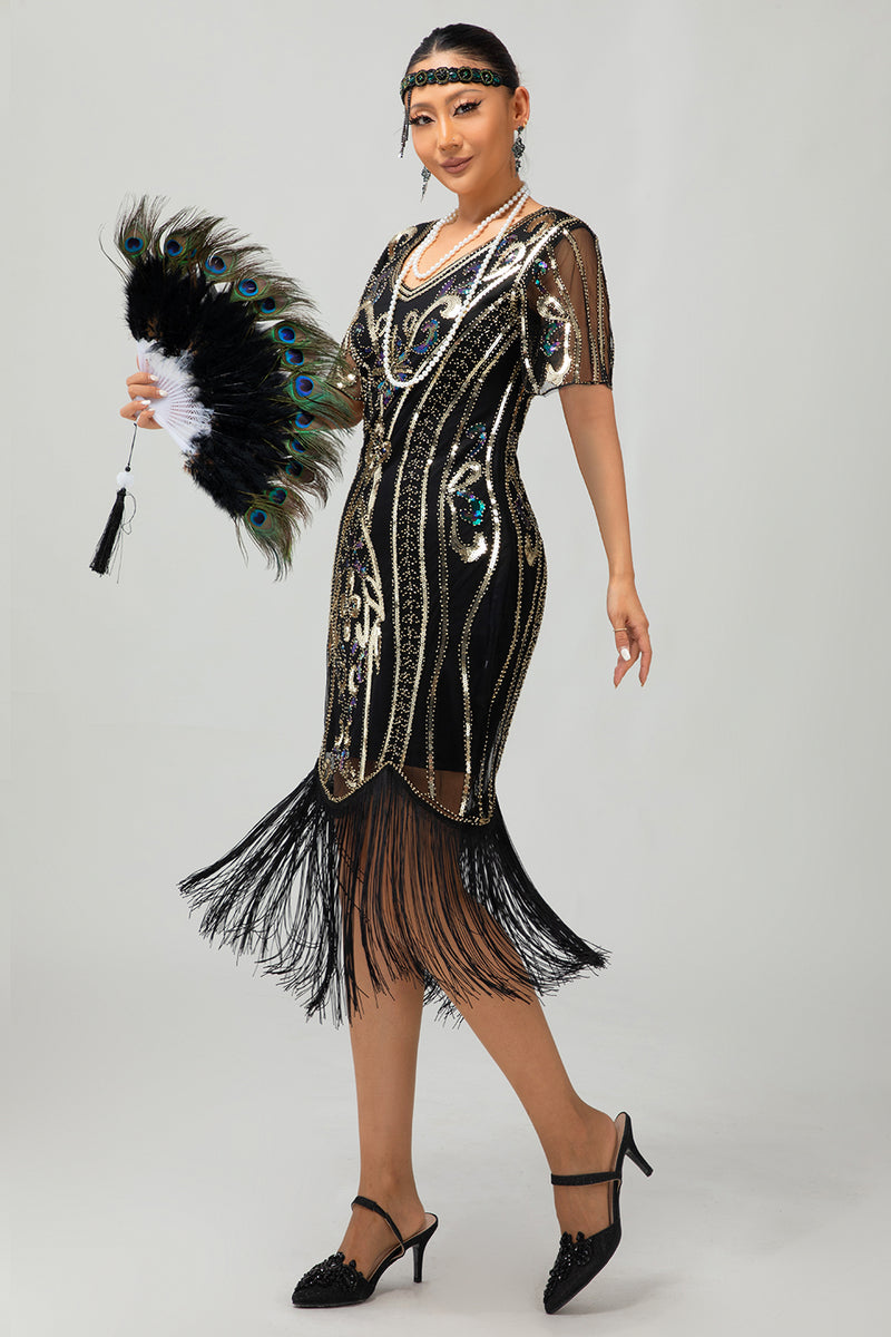 Load image into Gallery viewer, Sparkly Black Burgundy Fringed Short Sleeves 1920s Dress with Sequins