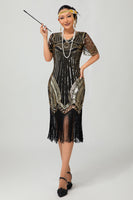 Load image into Gallery viewer, Sparkly Black Silver Bodycon Fringed Flapper Dress with Sleeves