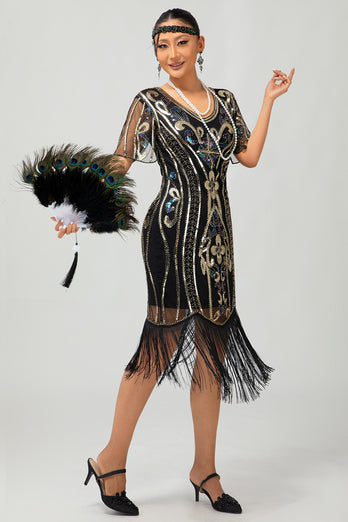 Sparkly Black Burgundy Fringed Short Sleeves 1920s Dress with Sequins