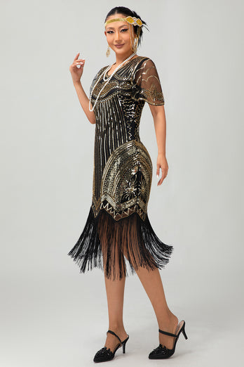 Sparkly Black Golden Sequins V-Neck Flapper Dress with Beading