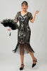 Load image into Gallery viewer, Sparkly Black Burgundy Fringed Short Sleeves 1920s Dress with Sequins