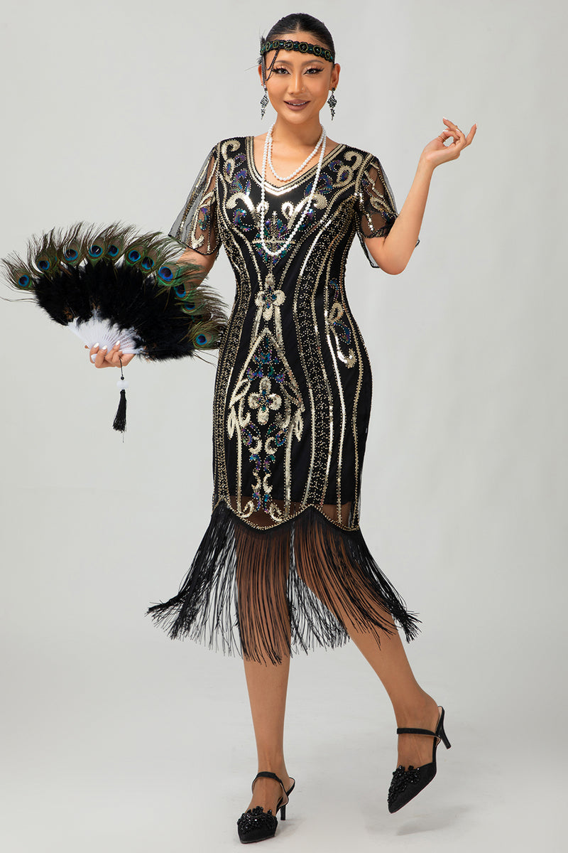 Load image into Gallery viewer, Sparkly Black Burgundy Fringed Short Sleeves 1920s Dress with Sequins