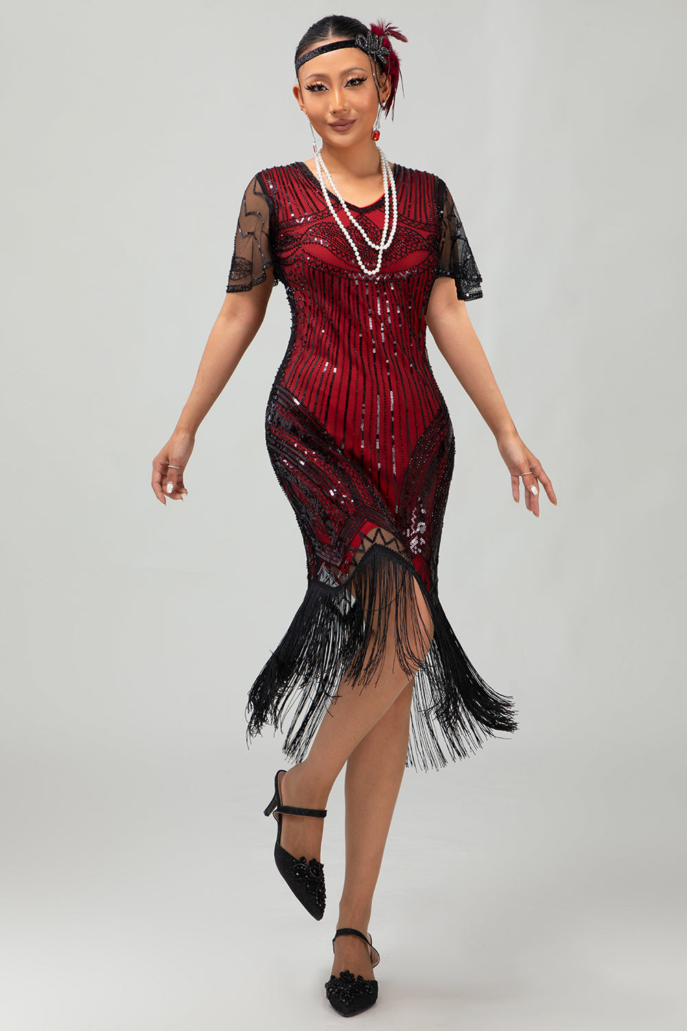 Sparkly Black Red Bodycon Fringed Flapper Dress with Sleeves