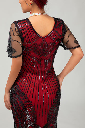 Sparkly Black Golden Sequins V-Neck Flapper Dress with Beading