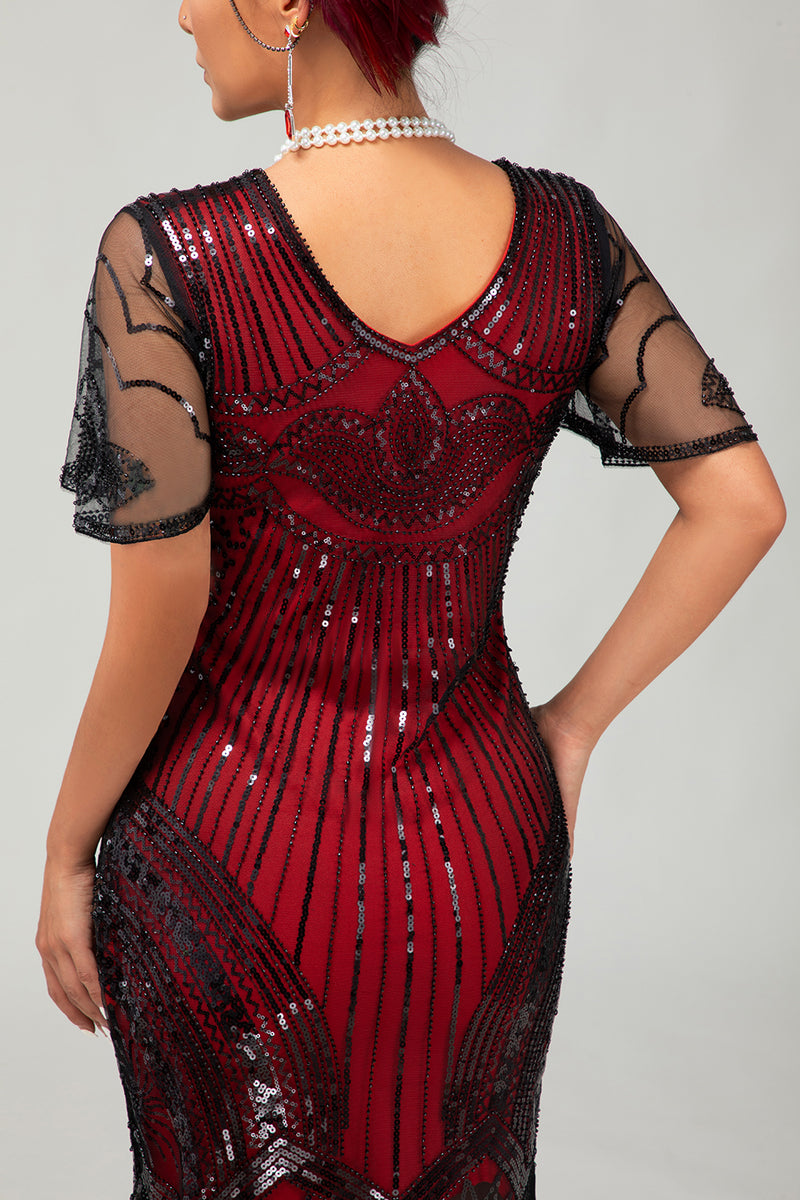 Load image into Gallery viewer, Sparkly Black Golden Sequins V-Neck Flapper Dress with Beading